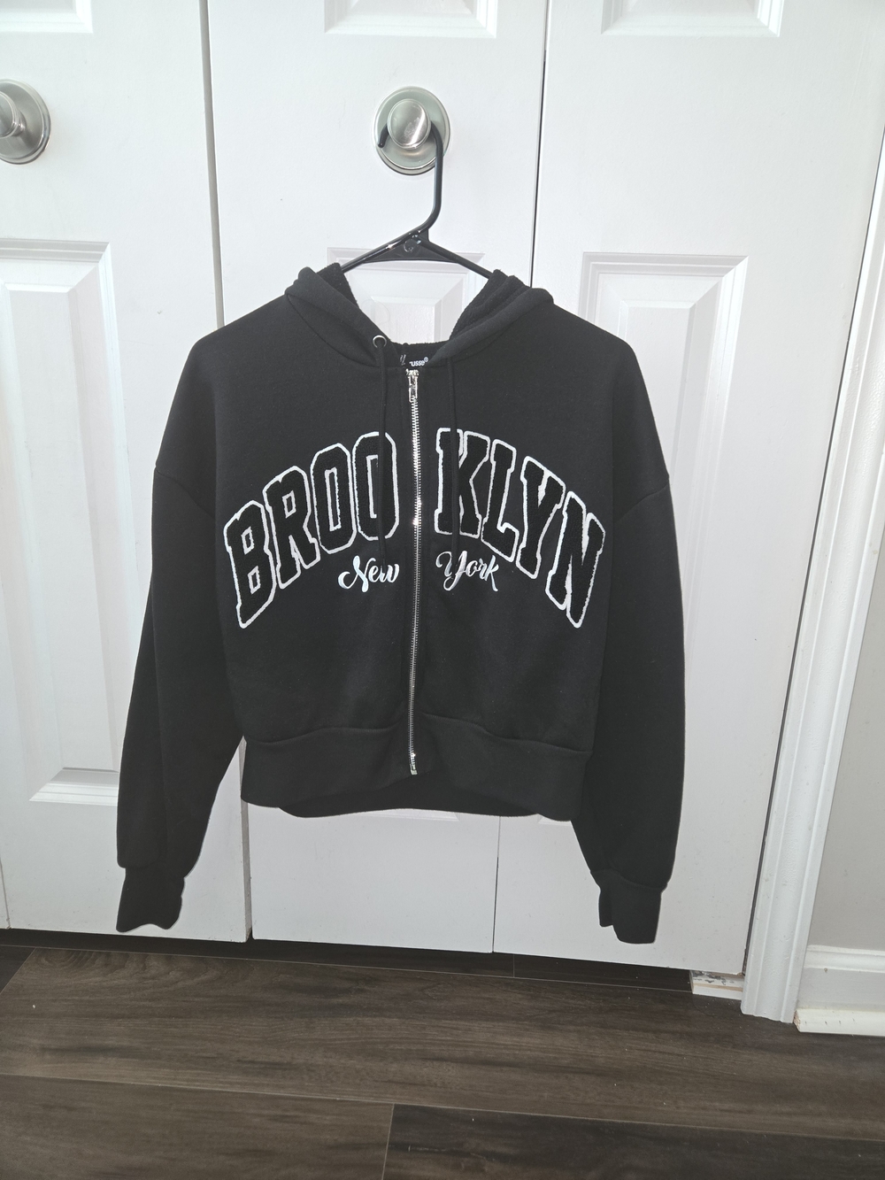 Charlotte Russe Black Zip-Up Hoodie with White 'Brooklyn' Applique